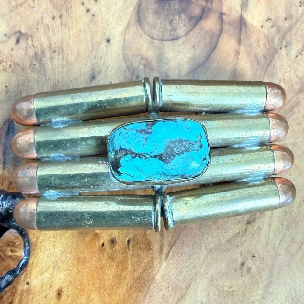 Western artisan crafted vintage belt buckle spent casings turquoise center stone